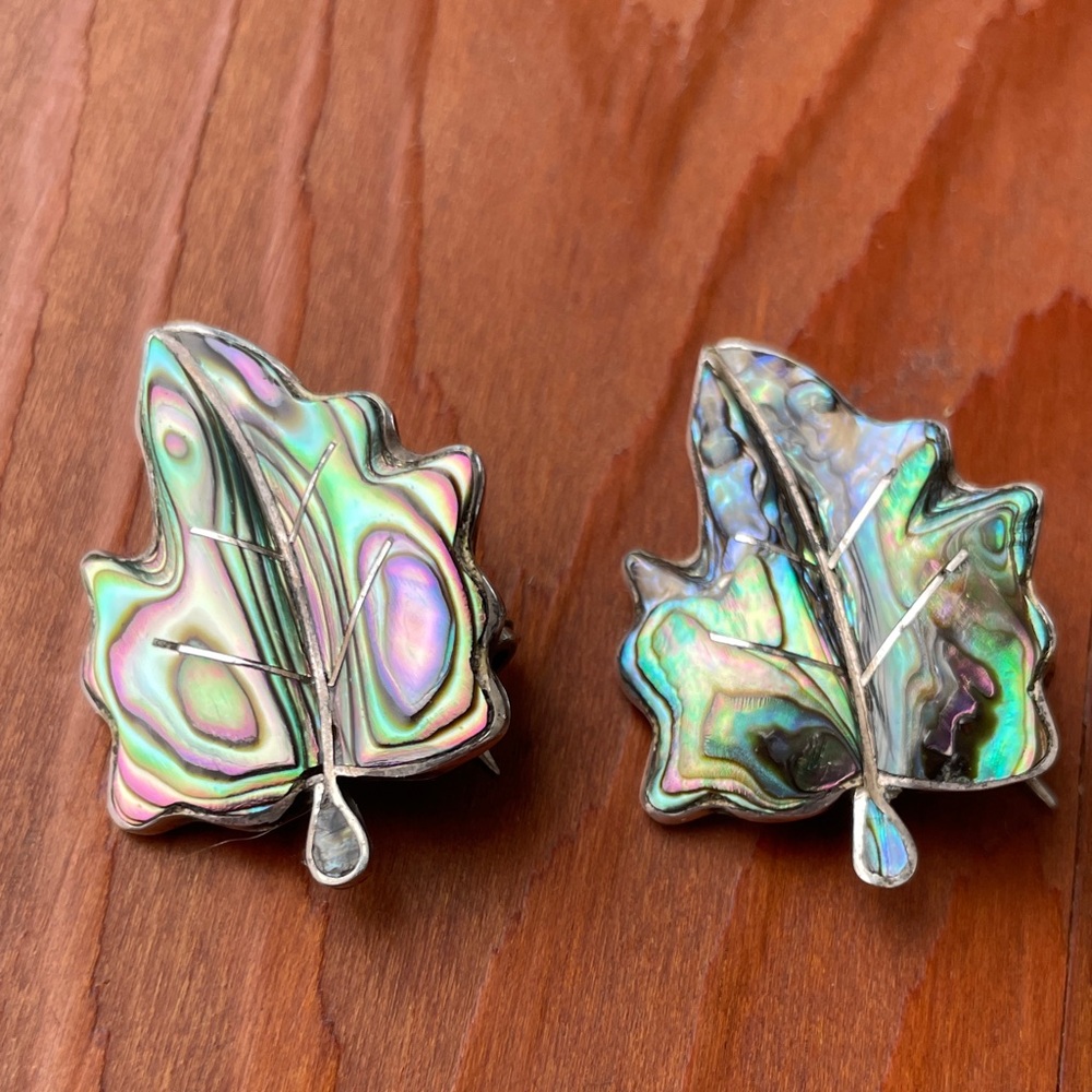Sterling silver and abalone shell leaf brooches